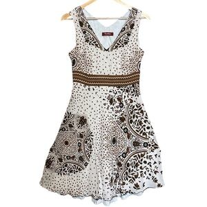 Max Mara 100% Silk Fit & Flare Dress Brown Print Sleeveless Lined Y2K Size S